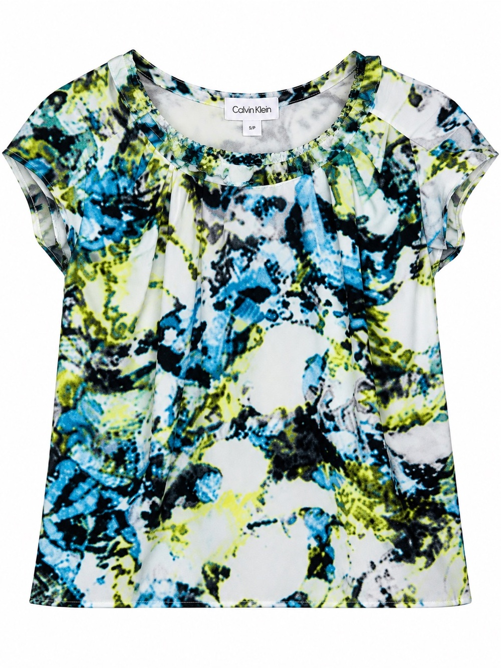 Calvin Klein Women’s Small Abstract Print Ruffle Neck Short Sleeve Top